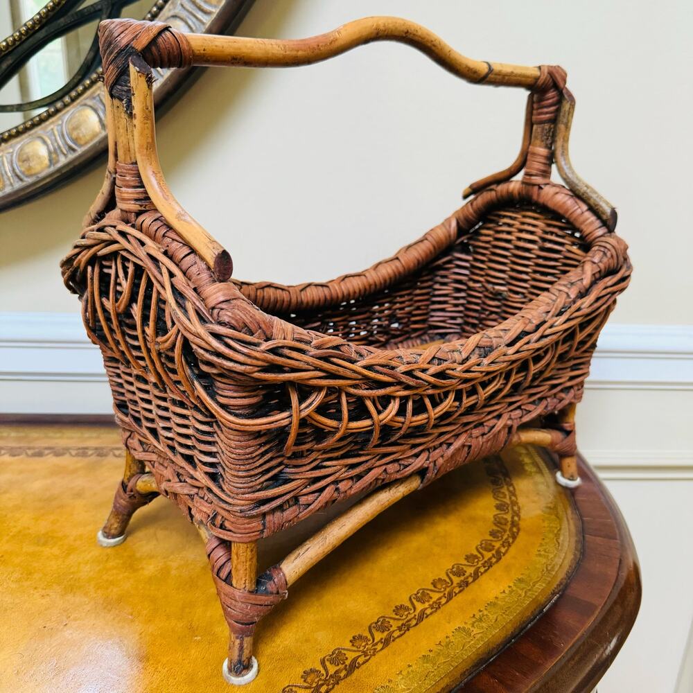 VTG Mid Century Bamboo Rattan Wicker Sturdy Footed Wooden Magazine File Basket
